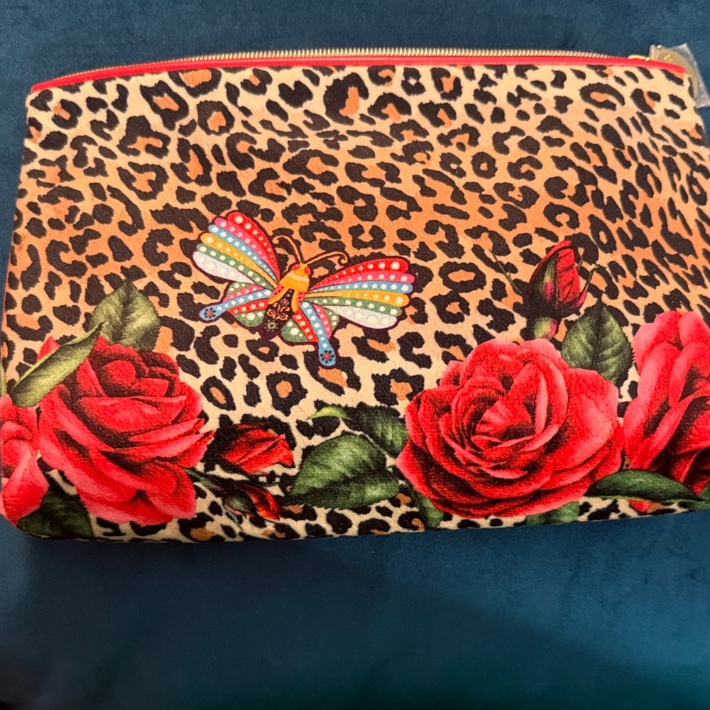 Estee Lauder Leopard Print Cosmetic Bag with Red Roses